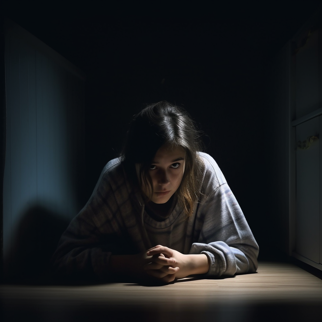 A child on the floor; dark background