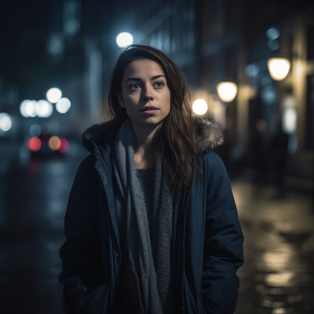 A woman walking on the street, a faraway look on her face