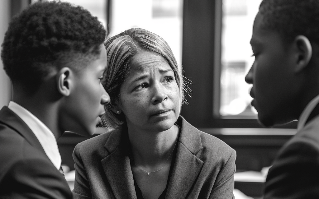 A woman and her teenage child talking to another man; the woman appears very sad