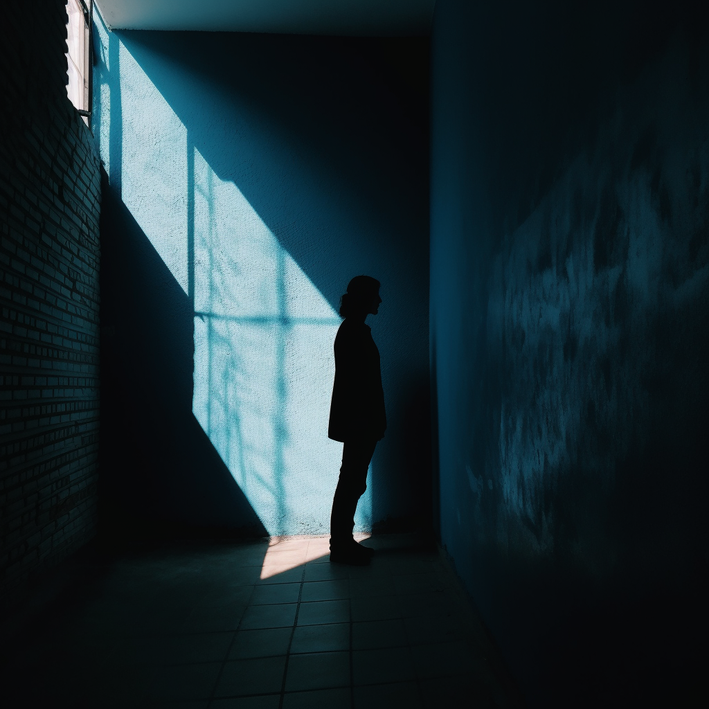 A silhouette of a person standing next to a blue wall