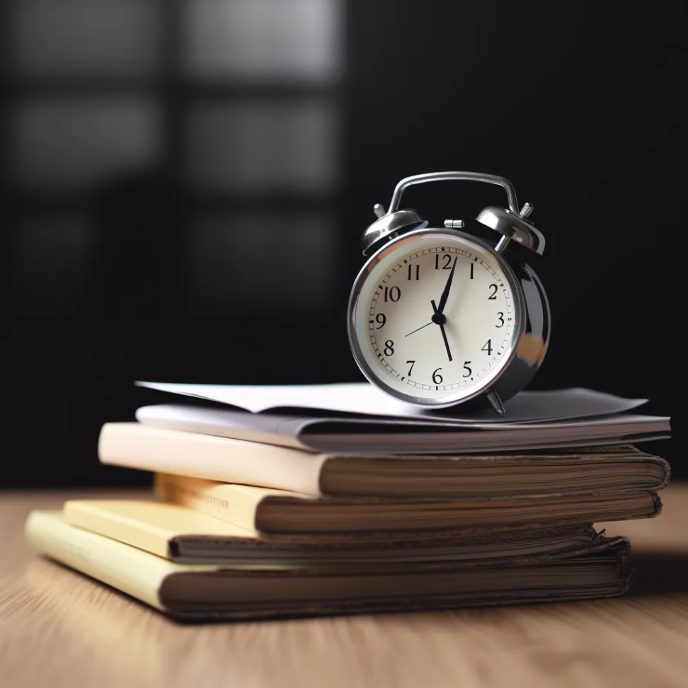 An alarm clock on a stack of folders on a wooden desk