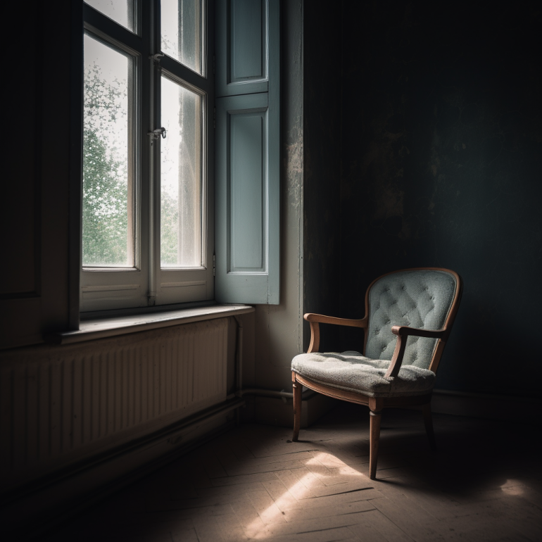 A blue upholstered wood chair in front of an open window with blue shutters