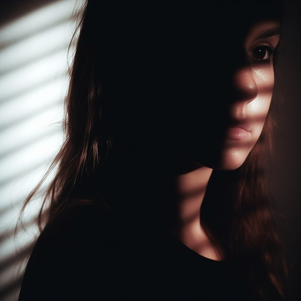 A young woman hiding in the shadows