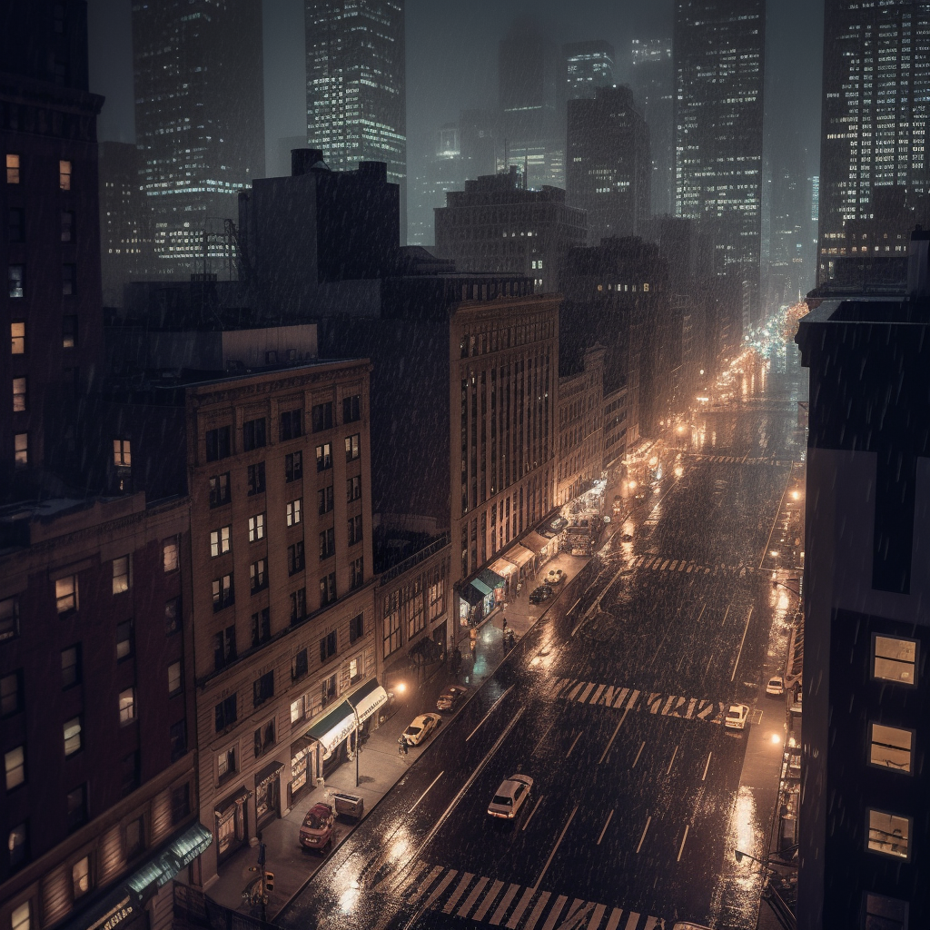 A city street at night in Maryland in the rain