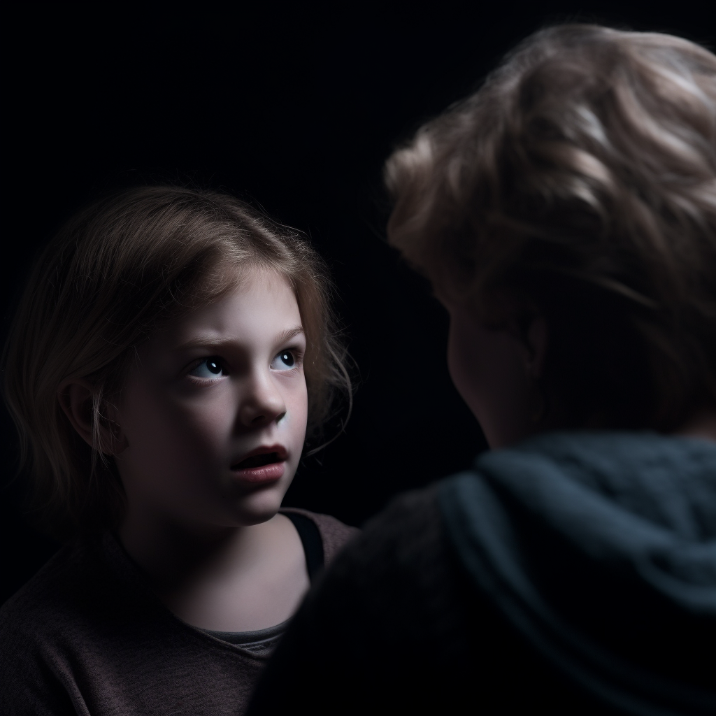 A small child speaking to an adult; the child appears worried