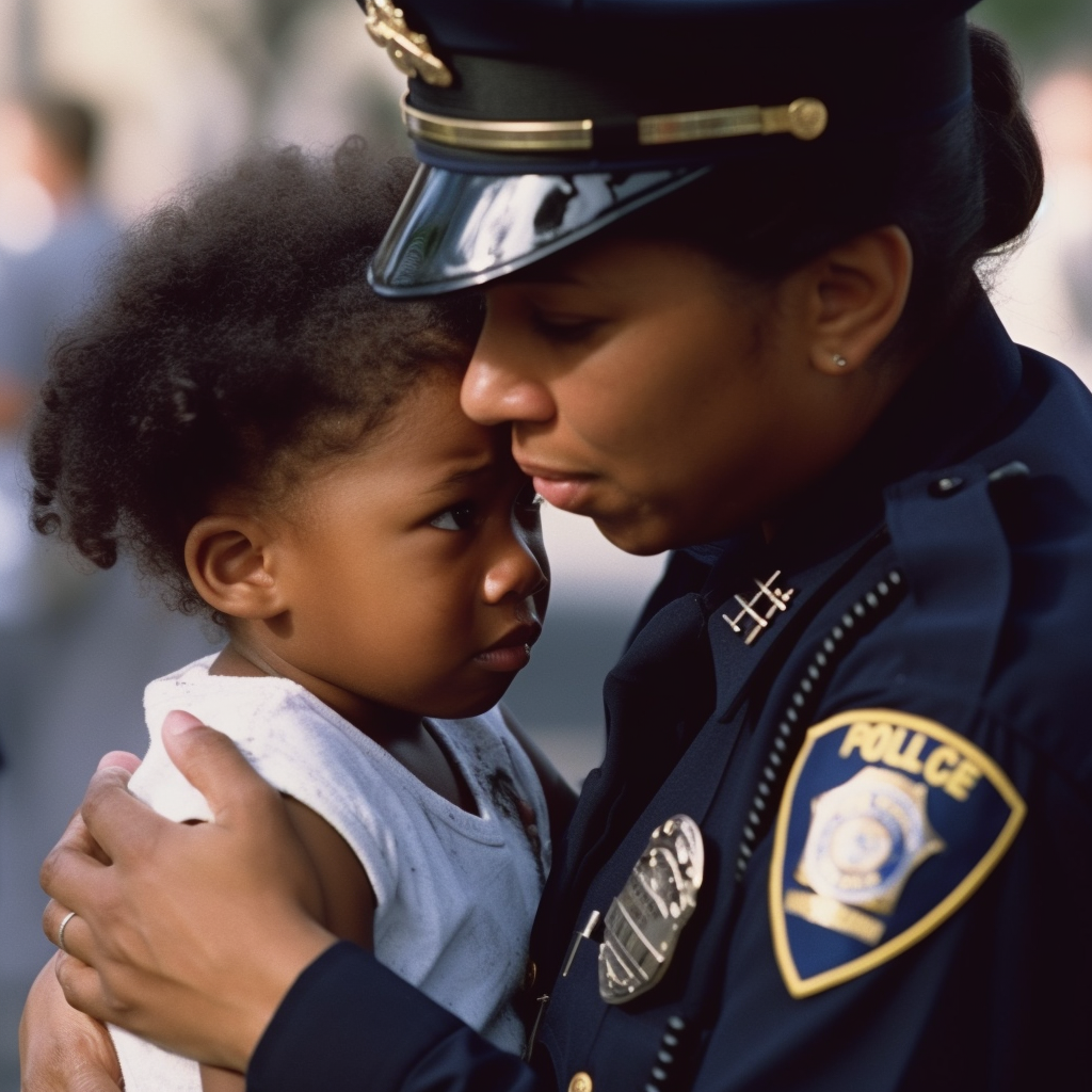 A police officer consoling a small child