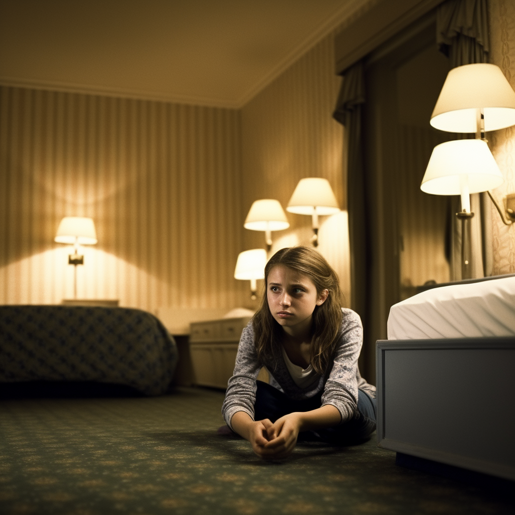 A worried child sitting on the floor of a hotel room