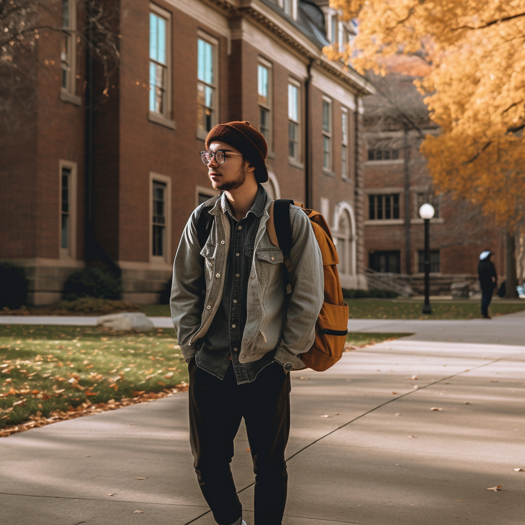 A college student walking on campus; fall background