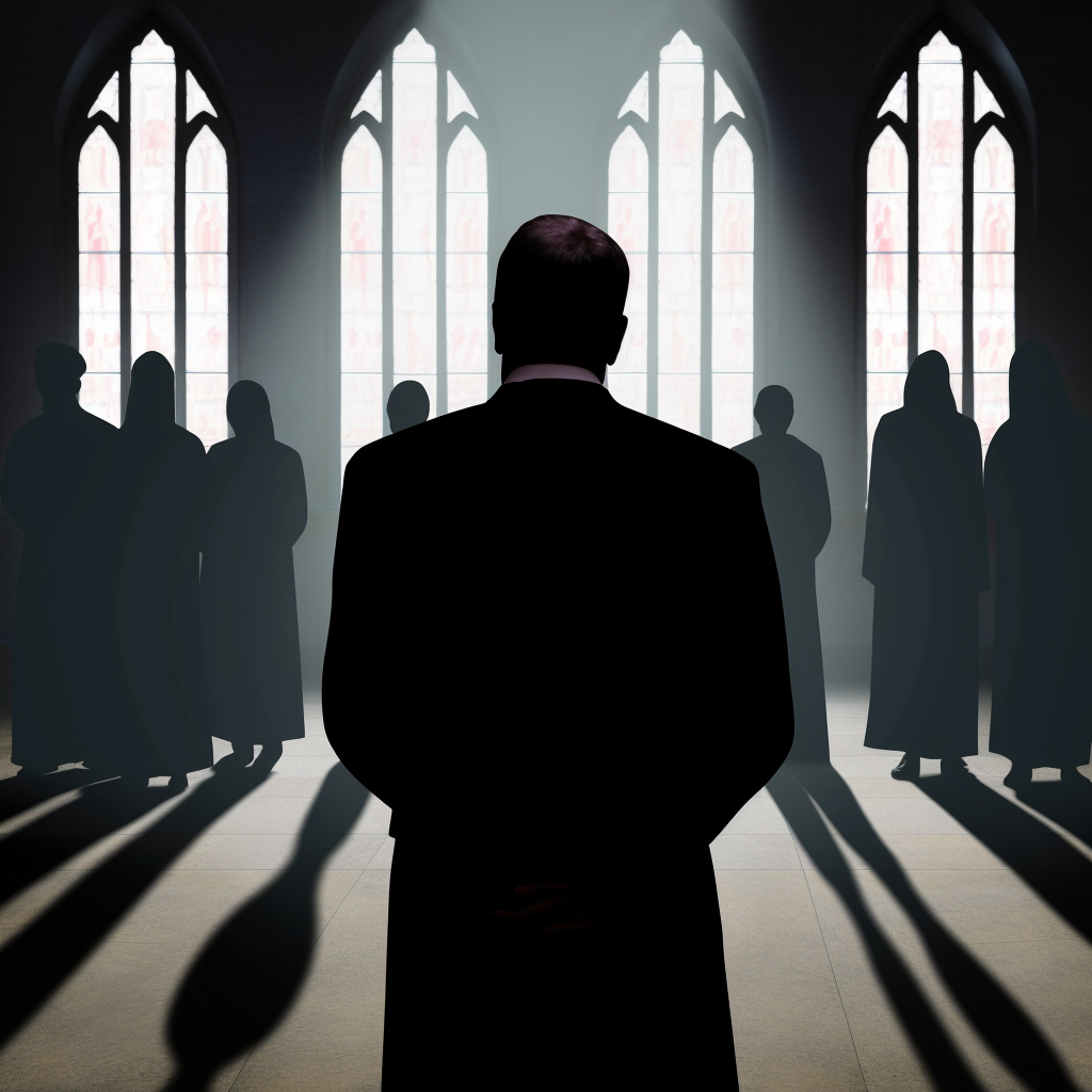 The back of a priest can be seen; the priest seems to be facing people whose silhouettes can only be seen 