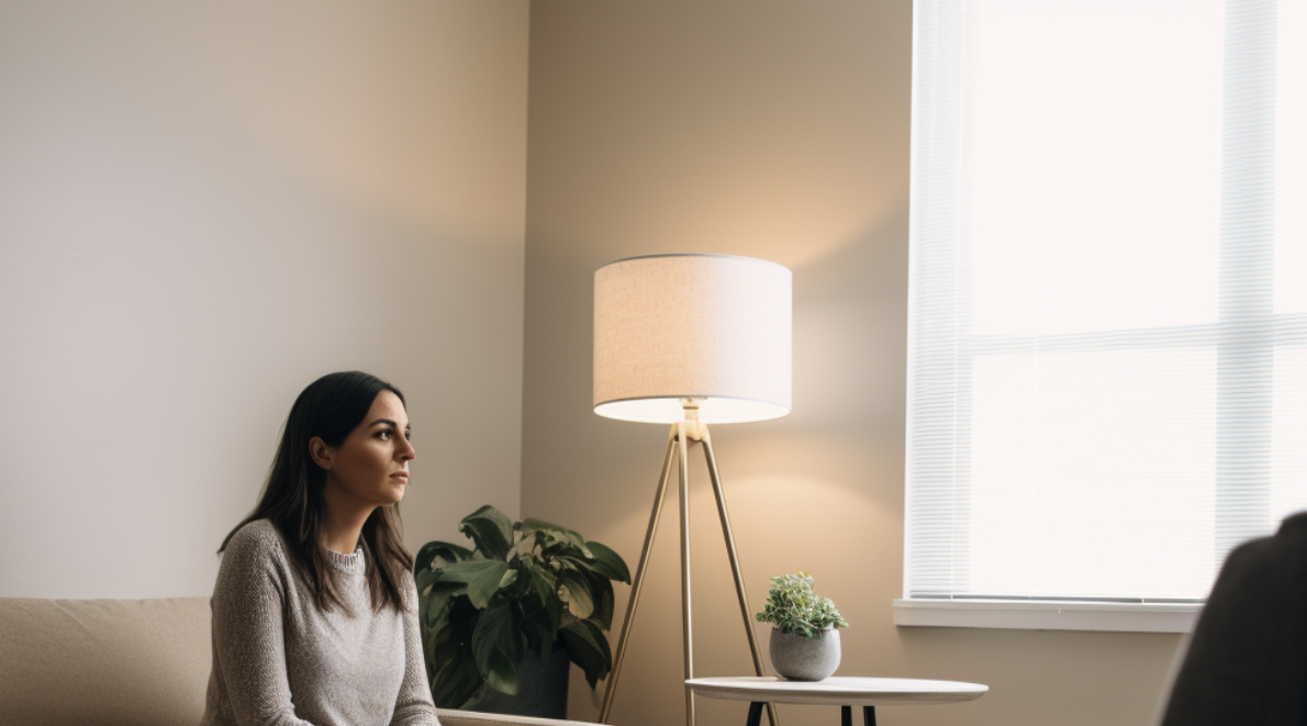 A woman sitting at a therapist's office