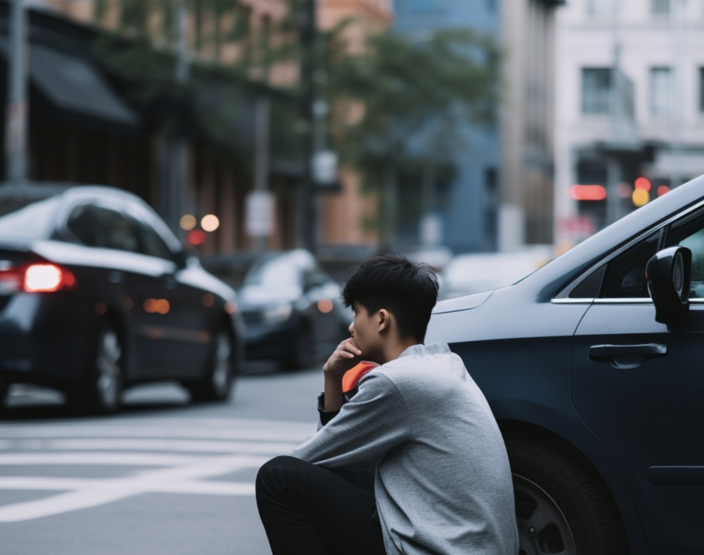 A young man sitting outside next to a cab