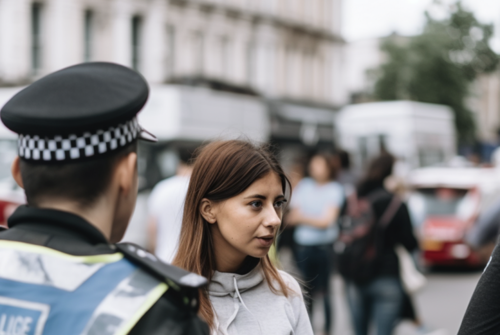 A woman speaking to the police