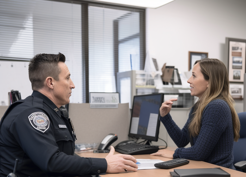 Woman talking to a police officer at the station