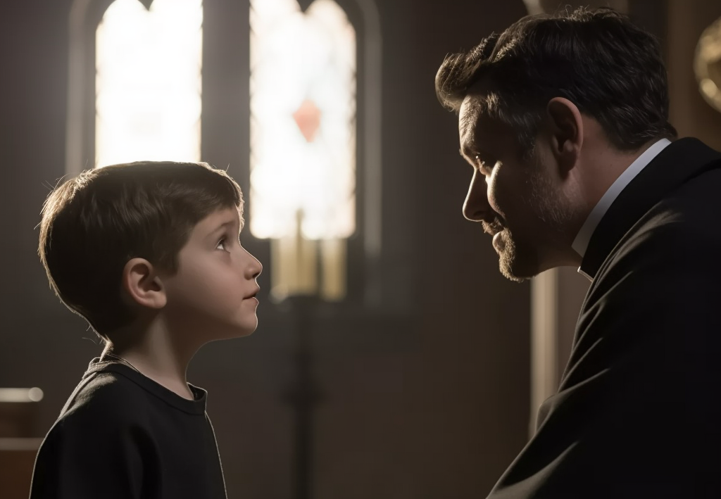 priest talking to young boy