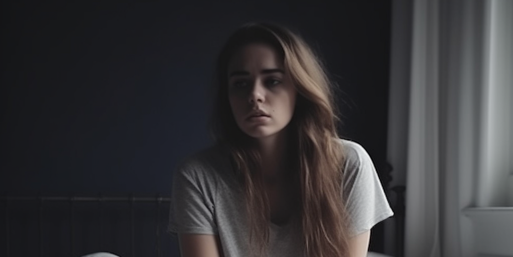 sad woman sitting on a bed